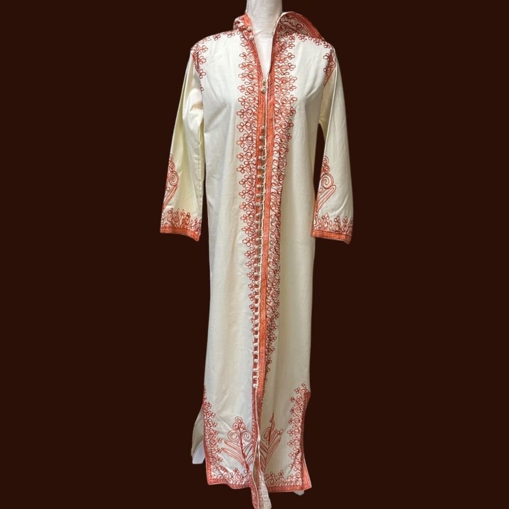Vintage Imported Caftan Hooded Hostess Gown Coral Soutache Embroidery